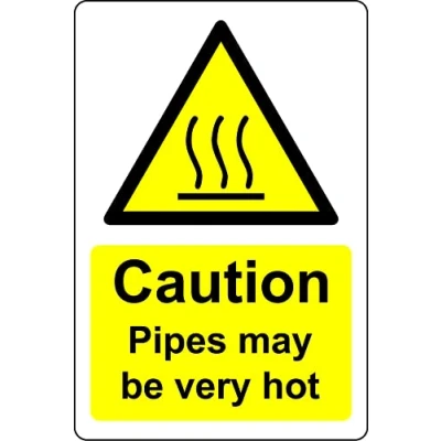 Image of Caution pipes may be very hot safety sign Self adhesive sticker (100mm x 70mm)