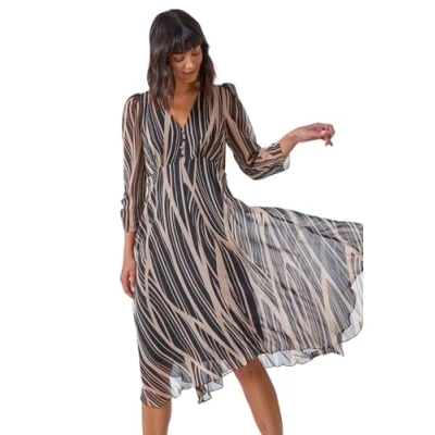 Image of Roman Womens Abstract Print Wrap Hanky Hem Midi Dress Black Leather Size 18 UK