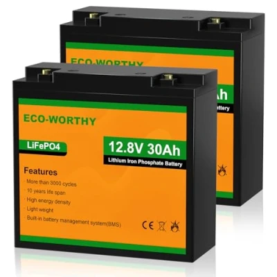 Image of ECO WORTHY 2 Pack 30AH LiFePO4 Leisure Battery with 4000 15000 Cycles &amp; BMS Protection,Ideal for Trolling Motors, Wheelchairs, Scooters,RV