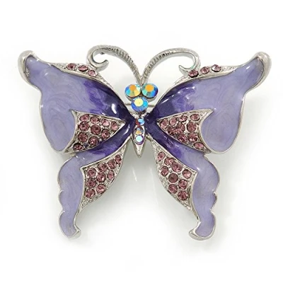 Image of Avalaya Purple Enamel Crystal Butterfly Brooch in Rhodium Plating 50mm W