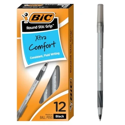 Image of BIC Round Stic® Grip™ Xtra Comfort Medium Ball Point Pen, Black, 12 Pack