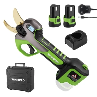 Image of WORKPRO 12V Cordless Electric Pruning Shears Heavy Duty 2PCS 2.0Ah Li ion Battery Secateurs with SK5 BladesSwitchable 2 Cutting Ranges, Max 25mm LCD Screen, Can Count