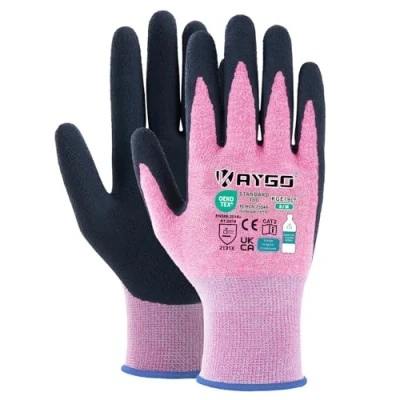 Image of KAYGO Latex Coated Work Gloves for Women Breathable, 12 Pairs Recycled Polyester Gardening Gloves, Eco Friendly Safety Yard Ladies, KGE19L (Pink, Medium)