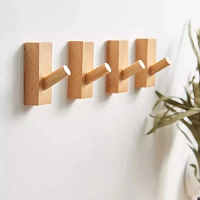 Image of HomeDo 4Pack Wall Hooks Hat Rack, Wooden Coat Mounted, Decorative Single Organizer Hanger Towel Heavy Duty (Rectangle Beech 4Pack)