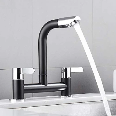Image of Black Kitchen Sink Mixer Taps Dual Lever Modern Swivel Spout Deck Mounted Basin Brass Tap 1/4 Turn Easy Use 2 Hole Faucet