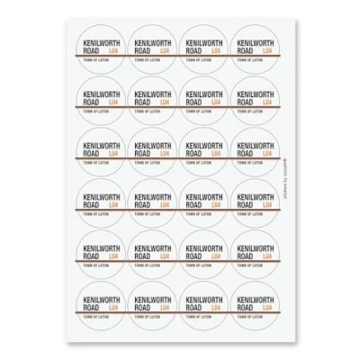 Image of Kenilworth Road Town of Luton LU4 Sign Circular Matt Paper Stickers A4 Sheet 24 (Each Sticker is 45mm Diameter)