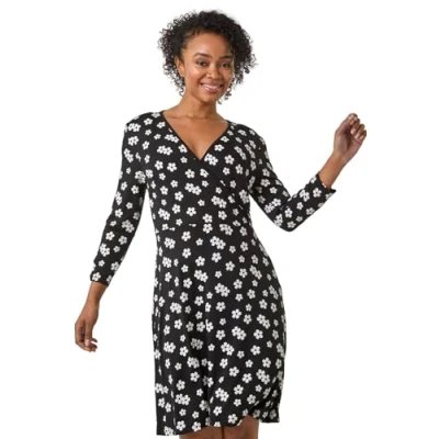Image of Roman Originals Long Sleeve Tea Dress for Women UK Ladies Fit &amp; Flare Skater Swing Wrap Stretchy Frill Autumn Winter Evening Cocktail Party Work Office Casual Knee Length Petite Noir Size 14