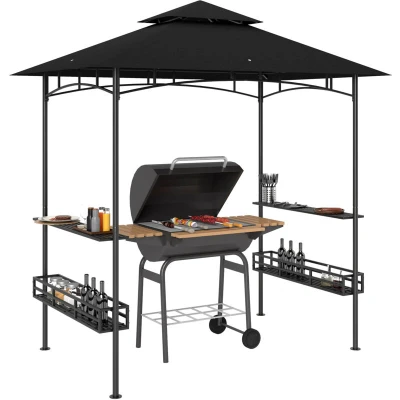 Image of Outsunny 8&#039; x 5&#039; Grill Gazebo Canopy with 2 Side Shelves Hook Dark Grey 84C 561V00CG