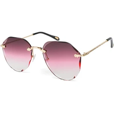Image of styleBREAKER women pilot sunglasses frameless with tinted lenses in diamond polish, embossed legs, pentagonal 09020106, Colour:Frame gold/glass bordeaux pink gradient