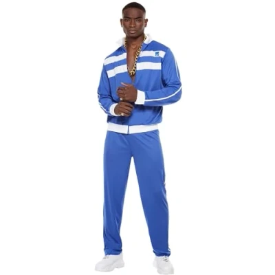 Image of Smiffys Scouser Tracksuit, Blue Zipped Top &amp; Trousers, 1980&#039;s Fancy Dress, 1980s Dress Up Costumes