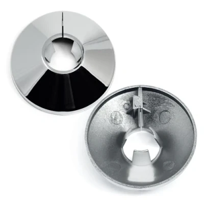 Image of Radiator Pipe Covers Chrome Collars Pack of 2 Collars, 15mm Hole 4.5cm Wide Snap On Plated Plastic Cover to Hide Pipes Base