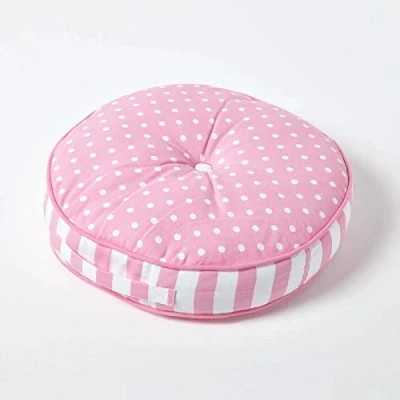 Image of HOMESCAPES Pink Round Floor Cushion Large Decorative Circular Children’s &amp; Garden Seat Pad with Polka Dot Pattern, Pre Filled 100% Cotton Indoor and Outdoor Cushion, 43cm