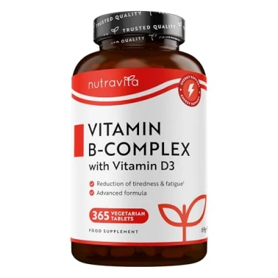 Image of Vitamin B Complex High Potency 1 Full Year Supply 8 Vitamins B1 B2 B3 B5 B6 B12, Biotin, Folic Acid &amp; VIT D3 in Strength Micro Tablet Reduction of Tiredness Made The UK by Nutravita