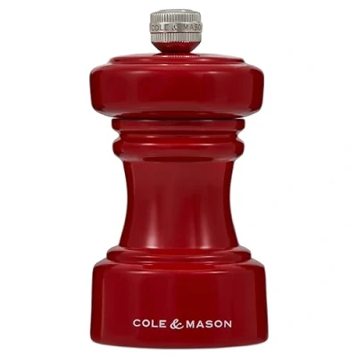 Image of Cole &amp; Mason H233069 Hoxton Red Gloss Salt Mill, Non Corroding Ceramic Mechanism, Compact Grinder with Adjustable Grind, Beech Wood, 104mm, Seasoning Lifetime Mechanism Guarantee