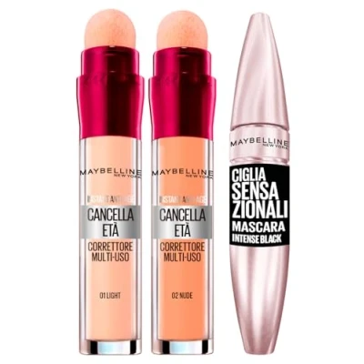 Image of 2x Maybelline New York Age Erasing Liquid Concealer with Gogli Berries Colors 02 Nude and 01 Light + 1x Volumizing Mascara Sensational Eyelashes Intense Black