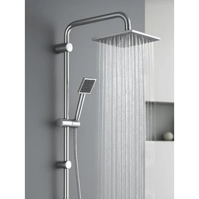 Image of CROWNSHOP Shower Set Riser Rail Thermostatic Mixer with Twin Heads Adjustable Overhead Rainfall Bathroom Head Handheld Hose and Kit (Square)