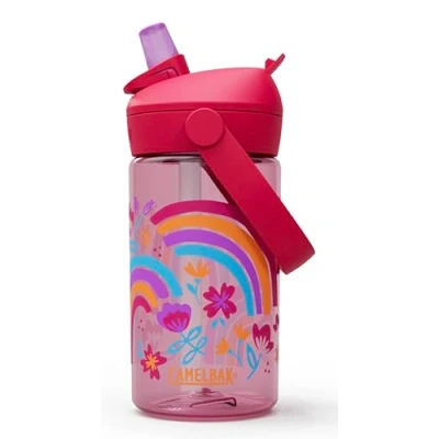 Image of CamelBak Thrive Flip Straw Kids 14oz Water Bottle with Tritan Renew Easy Carry Top, Rainbow Floral