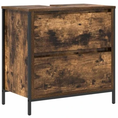 Image of vidaXL Bathroom Basin Cabinet with Drawer, Smoked Oak, 60x34.5x60 cm Engineered Wood Storage Solution