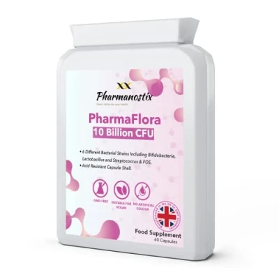 Image of PharmaFlora 10 Billion CFU 60 Vegan Targeted Capsules High Strength Multi Strain Active Live Bacteria Complex Acidophilus Bifidobacterium Streptococcus Thermophilus UK Manufacture