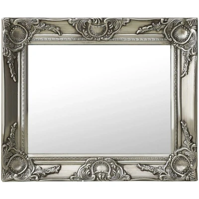 Image of vidaXL Rectangular Wall Mounted Dressing Room Mirror with Classic Baroque Style Wooden Frame in Silver, 50x40 cm