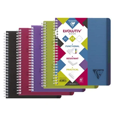 Image of Clairefontaine Ref 329156C Wire bound Subject Notebook (120 Sheets) A4+ Size, Lined &amp; Margin Ruling, 90gsm Brushed Vellum Paper, Ribbed Polypro Cover Assorted Colours (Pack of 5)
