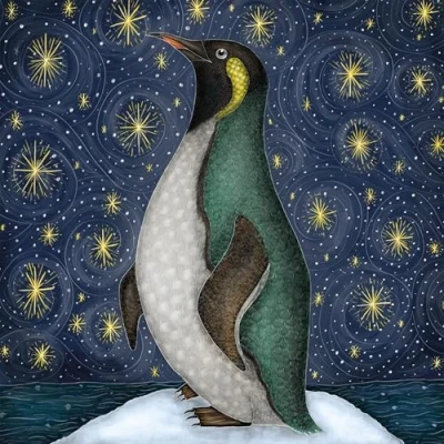 Image of Museums &amp; Galleries Pack of 5 Artistic Christmas Cards Penguin Stars Illustrated Design by Catherine Rowe From The Designer Collection, Multicolour, 160 x 160mm
