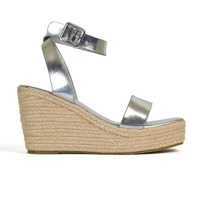 Image of ESSEX GLAM Womens Ankle Strap Espadrille Sandals Ladies Open Toe Mid Wedge Heel Silver Platform Shoes Size 8