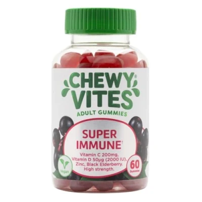 Image of Chewy Vites Adults Super Immune 60 Gummy Vitamins Extra Strength Vitamin D 200 IU 200mg C 8 mg Zinc Elderberry Real Fruit Juice Vegan
