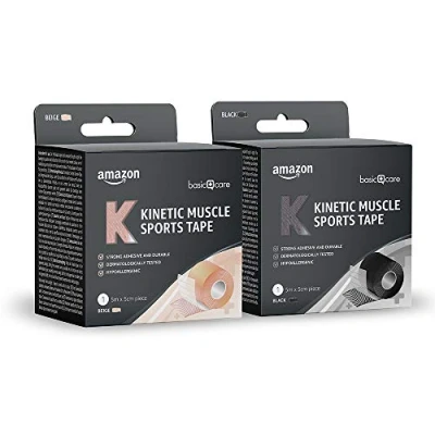 Image of Amazon Basic Care Kinetic Muscle Sports Tape, 5m x 5cm, Pack of 2, Black, Beige