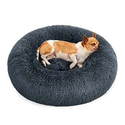 Image of Feandrea Dog Bed, Donut Cat Fluffy Calming Pet Bed with Removable, Washable Cover, Soft Long Plush, 60 cm, Dark Grey PGW038G02