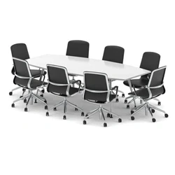 Image of High Gloss 2400mm Writable Boardroom Table White + 8 Executive Chairs