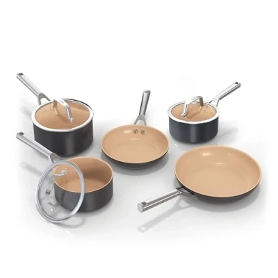 Image of Ninja Extended Life 5 Piece Ceramic Cookware Set (20 &amp; 24cm Frying Pans + 16, 18 20cm Saucepans Lids), Non Stick (No PFAs, PFOAs, Lead or Cadmium), Oven Safe to 285C, Terracotta Grey, CW95000UK