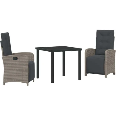 Image of vidaXL 3 Piece Garden Dining Set with Cushions Grey Poly Rattan