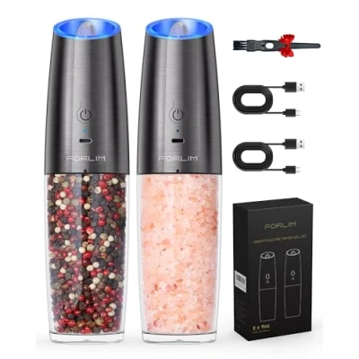 Image of FORLIM 9Oz Large Capacity Gravity Electric Salt and Pepper Grinder Set, USB Rechargeable Automatic Shakers with LED Light, Adjustable Coarseness, Mill (Metallic Gunmetal)