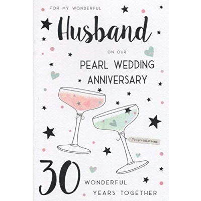Image of ICG Husband Pearl 30th Wedding Anniversary Card Silver Text &amp; Hearts 9&quot; x 6&quot;