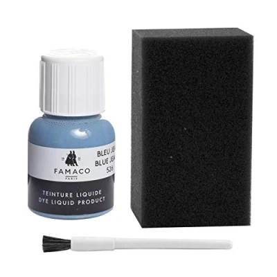 Image of Dye Design Paint for Leather and Faux Shoes, Trainers, with Sponge Brush, Famaco Liquid, 36 Colours Blue Jeans