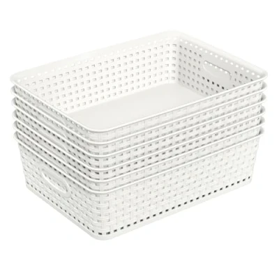 Image of Sandmovie Woven Office Storage Baskets A4 Plastic Basket Trays Kitchen Drawer Organizer, White, Packs of 6