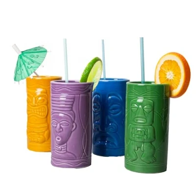Image of #winning Tiki Party Mugs 4 Set Colourful Ceramic 12 fl oz Hawaiian Style Drinks