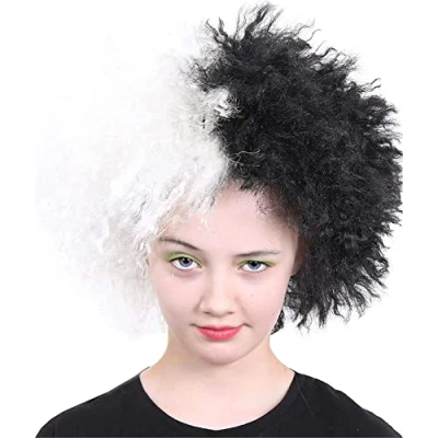 Image of Childs Evil Dog Lady Wig Pack of 1 Half Black &amp; White Crimped Kids World Book Day Week Fancy Dress Costume Accessory