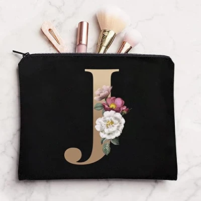 Image of 26 Letter Printed Zip Canvas Pouch Makeup Bag Make Up Bag, Cosmetic Travel Bag,Toiletry Bag,Organizer Bags,Toiletry Bags, Bride Bridesmaid Bag,Pencil Bag,Wash Bag,Coin Purse (Gold J)