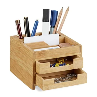 Image of Relaxdays Bamboo Desk Organizer, Stationery Pen Holder, Office File Sorter with Drawer, HxWxD: 9.5 x 12.5 15 cm, Natural