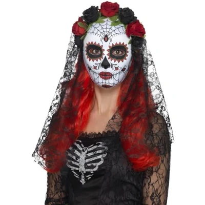 Image of Smiffys Day of the Dead Senorita Mask, Full Face, Red &amp; Bl with Roses Veil, Eyemasks Fancy Dress, Halloween Dress Up Masks