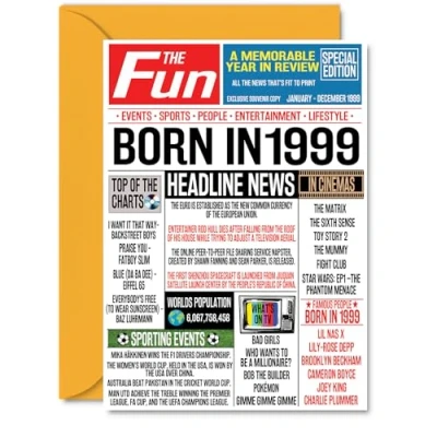 Image of 25th Birthday Cards for Women Men Born In 1999 Newspaper Happy 25 Card Daughter Son Cousin Vintage Retro Back 1999, A5 Twenty Five Fifth Bday Greeting