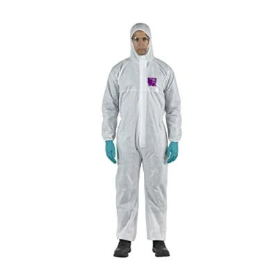 Image of Ansell AlphaTec 1500 Model 138, Disposable Work Overall with Hood, Chemical Protection Type 5/6, Water Repellent Coverall Suit, Industrial Safety Workwear, Men Women, White, Size L (1 Unit)