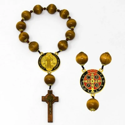 Image of Catholic Gift Shop Decade Door Rosary St Benedict with Large Wooden Beads, Medal &amp; Lourdes Prayer Card