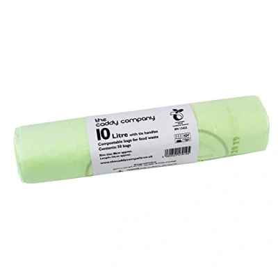 Image of 10L x 50 Tie Handle Compostable Kitchen Caddy Liners Large Food Waste Bin EN 13432 10 Litre Bags with Composting Guide