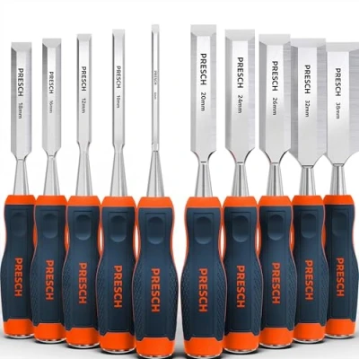 Image of Presch Wood Chisel Set 10 pcs. (6, 10, 12, 16, 18, 20, 24, 26, 32 &amp; 38 mm) Fully Polished for immediate use Professionals with a 25 Angle and Robust Metal Striking Cap