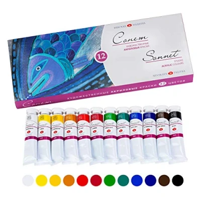 Image of Sonnet Acrylic Paint 12 x 18 ml Tubes for Canvas Painting Artist Colours Studio Quality Water Based Waterproof Adults Made by Nevskaya Palitra