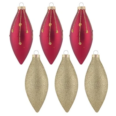 Image of Mr Crimbo 6 Pack Christmas Tree Baubles Long Glass Decorations 13cm Gold/Red