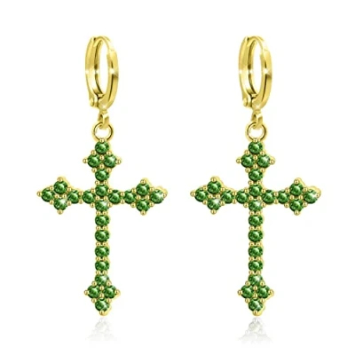 Image of KristLand Silver Tone Full CZ Cubic Zirconia Stone Elegant Sexy Cross Gothic Hoop Piercing Drop Earrings with White Gold Plated for Women Deep Green 2